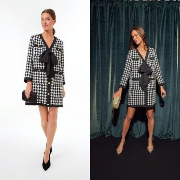 Pomander Place | NEW Coco Tweed Houndstooth Bow Mini Dress Black White Size L - Picture 1 of 12